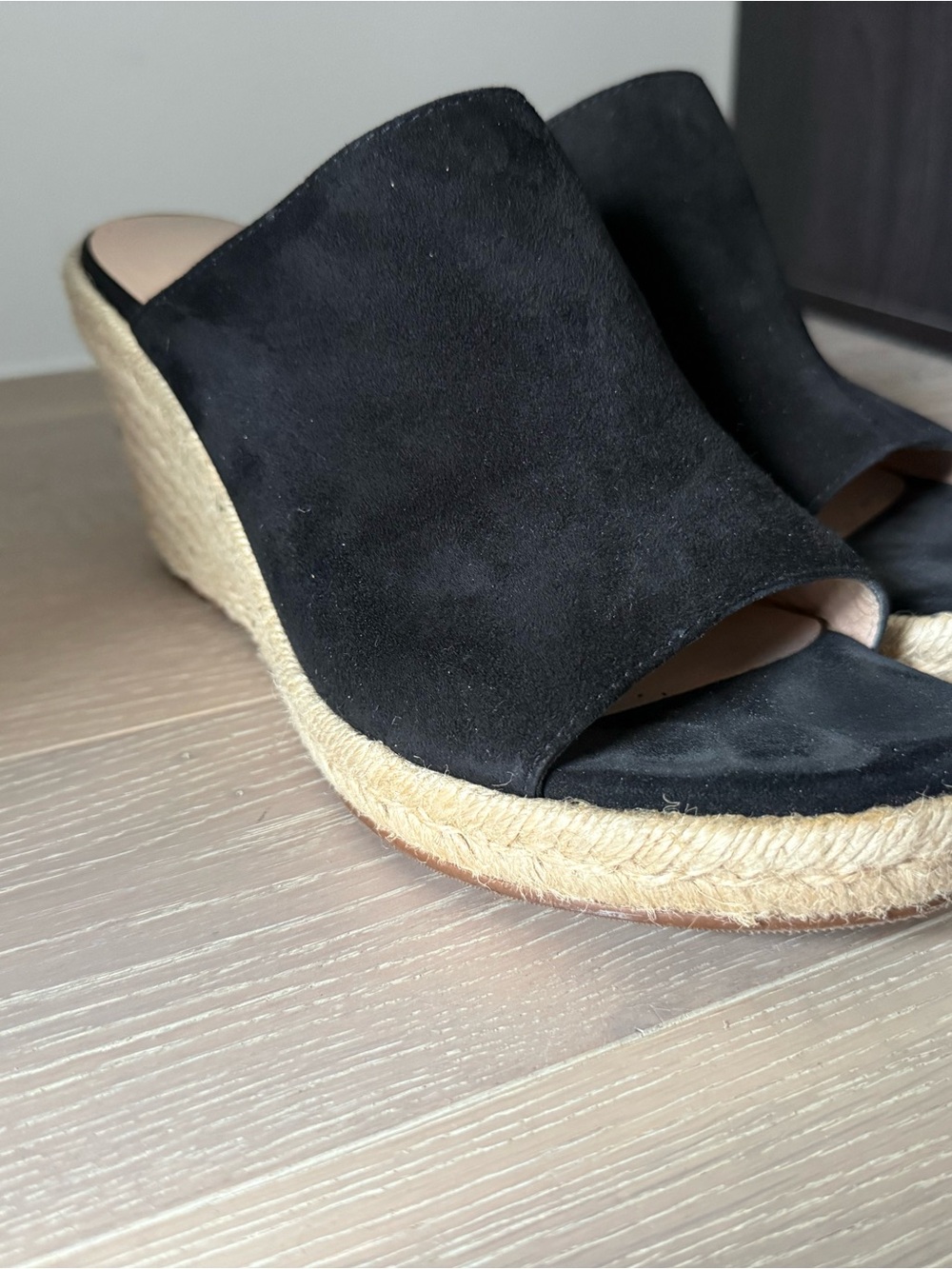 Stuart Weitzman Black Suede Espadrille Wedge Mules